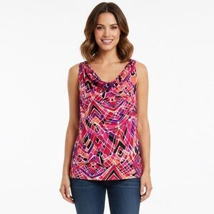 Laura Ashley NWOT Stretchy Sleeveless Pink and Red Geometric Tank Top Drape Neck